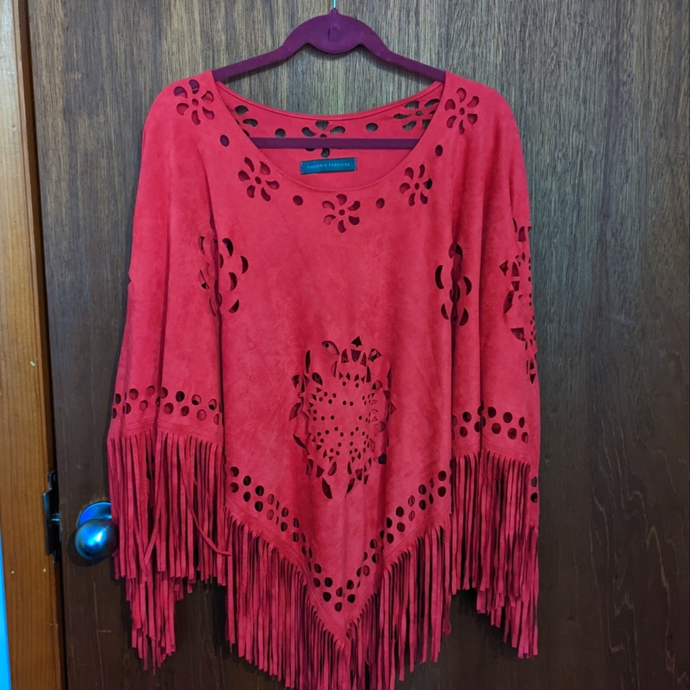 Sandro Ferrone Fuschia Hippie Suede Fringe Poncho
